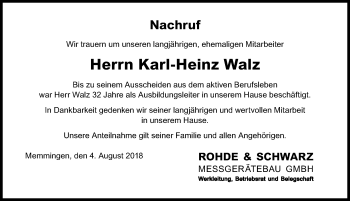 Traueranzeige von Karl-Heinz Walz von Memminger Zeitung