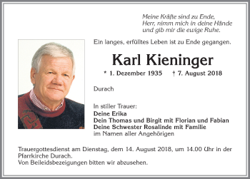 Traueranzeige von Karl Kieninger von Allgäuer Zeitung,Kempten