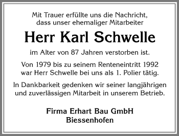 Traueranzeige von Karl Schwelle von Allgäuer Zeitung, Marktoberdorf