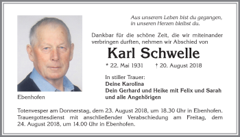 Traueranzeige von Karl Schwelle von Allgäuer Zeitung, Marktoberdorf