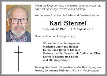 Traueranzeige von Karl Stenzel von Allgäuer Zeitung, Kaufbeuren/Buchloe
