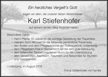 Traueranzeige von Karl Stiefenhofer von Der Westallgäuer