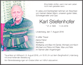Traueranzeige von Karl Stiefenhofer von Der Westallgäuer