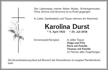 Traueranzeige von Karolina Durst von Allgäuer Zeitung