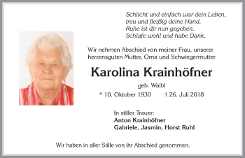 Traueranzeige von Karolina Krainhöfner von Allgäuer Zeitung, Füssen