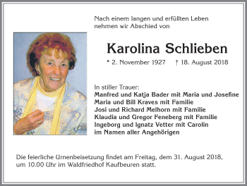Traueranzeige von Karolina Schlieben von Allgäuer Zeitung, Kaufbeuren/Buchloe