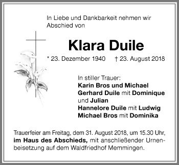 Traueranzeige von Klara Duile von Memminger Zeitung