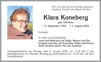 Traueranzeige von Klara Koneberg von Allgäuer Zeitung,Kempten