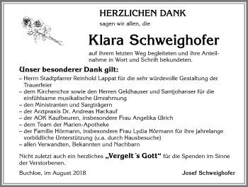 Traueranzeige von Klara Schweighofer von Allgäuer Zeitung, Kaufbeuren/Buchloe