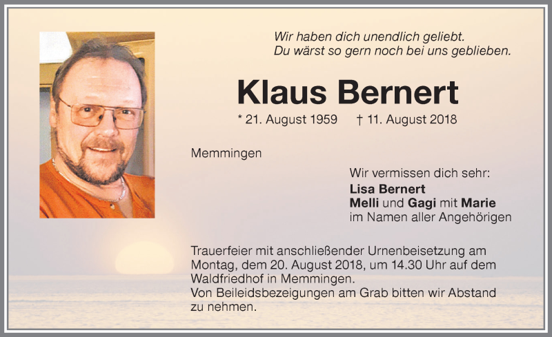  Traueranzeige für Klaus Bernert vom 16.08.2018 aus Memminger Zeitung