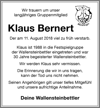 Traueranzeige von Klaus Bernert von Memminger Zeitung