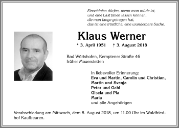 Traueranzeige von Klaus Werner von Allgäuer Zeitung