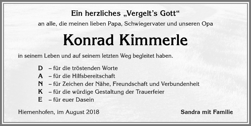  Traueranzeige für Konrad Kimmerle vom 24.08.2018 aus Allgäuer Zeitung, Marktoberdorf
