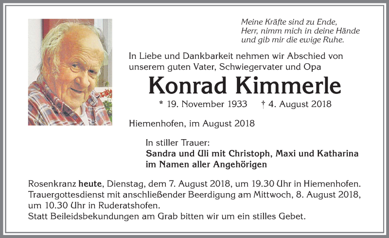  Traueranzeige für Konrad Kimmerle vom 07.08.2018 aus Allgäuer Zeitung, Marktoberdorf