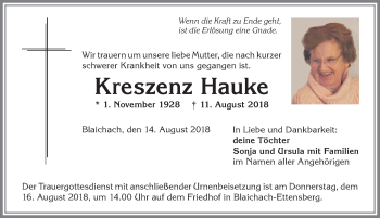 Traueranzeige von Kreszenz Hauke von Allgäuer Anzeigeblatt