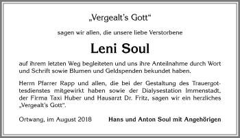 Traueranzeige von Leni Soul von Allgäuer Anzeigeblatt