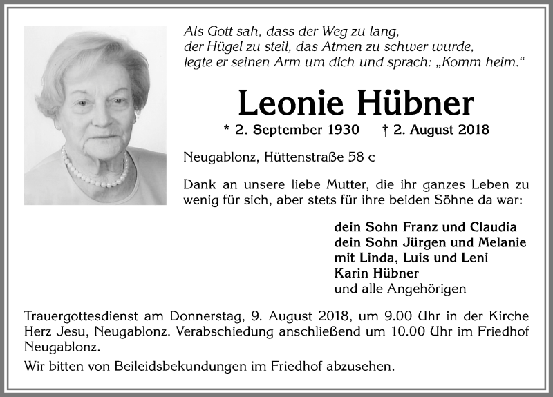  Traueranzeige für Leonie Hübner vom 04.08.2018 aus Allgäuer Zeitung, Kaufbeuren/Buchloe