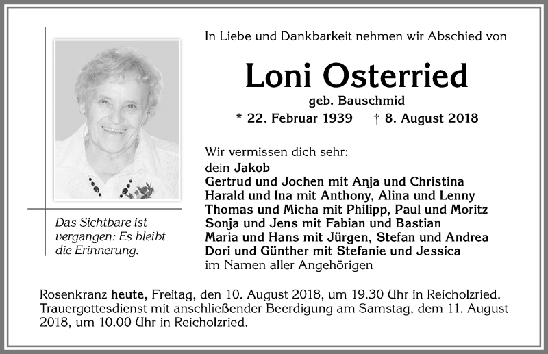  Traueranzeige für Loni Osterried vom 10.08.2018 aus Allgäuer Zeitung,Kempten