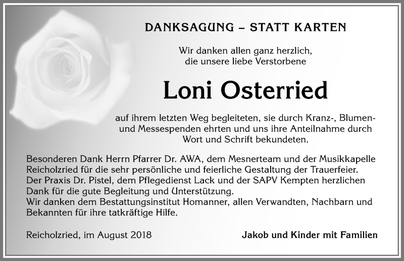  Traueranzeige für Loni Osterried vom 18.08.2018 aus Allgäuer Zeitung,Kempten