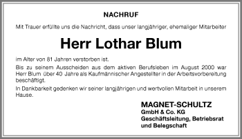 Traueranzeige von Lothar Blum von Memminger Zeitung