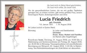 Traueranzeige von Lucia Friedrich von Allgäuer Zeitung,Kempten
