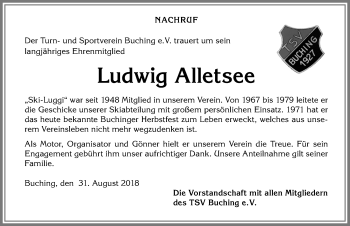 Traueranzeige von Ludwig Alletsee von Allgäuer Zeitung, Füssen
