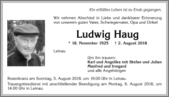 Traueranzeige von Ludwig Haug von Allgäuer Zeitung, Kaufbeuren/Buchloe