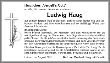 Traueranzeige von Ludwig Haug von Allgäuer Zeitung, Kaufbeuren/Buchloe