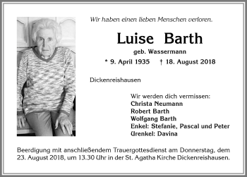 Traueranzeige von Luise Barth von Memminger Zeitung