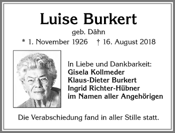 Traueranzeige von Luise Burkert von Allgäuer Zeitung, Kaufbeuren/Buchloe