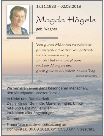 Traueranzeige von Magda Hägele von Der Westallgäuer