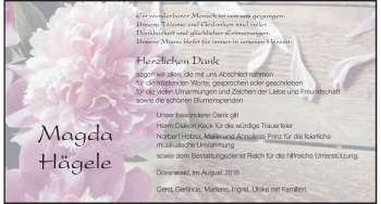 Traueranzeige von Magda Hägele von Der Westallgäuer