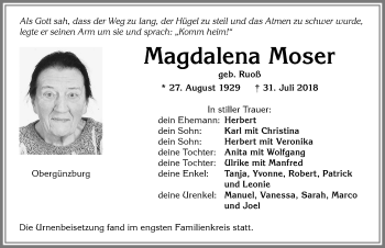 Traueranzeige von Magdalena Moser von Allgäuer Zeitung, Marktoberdorf