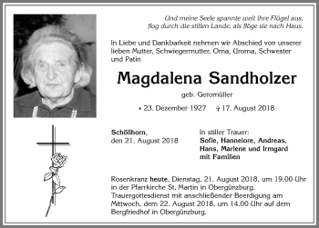 Traueranzeige von Magdalena Sandholzer von Allgäuer Zeitung, Marktoberdorf