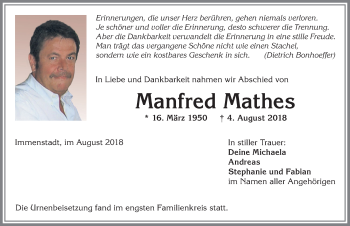 Traueranzeige von Manfred Mathes von Allgäuer Anzeigeblatt