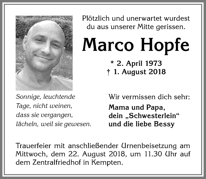  Traueranzeige für Marco Hopfe vom 18.08.2018 aus Allgäuer Zeitung,Kempten