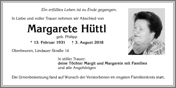 Traueranzeige von Margarete Hüttl von Allgäuer Zeitung, Kaufbeuren/Buchloe