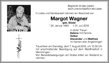 Traueranzeige von Margot Wagner von Memminger Zeitung