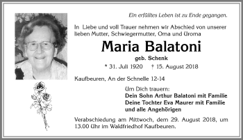 Traueranzeige von Maria Balatoni von Allgäuer Zeitung, Kaufbeuren/Buchloe