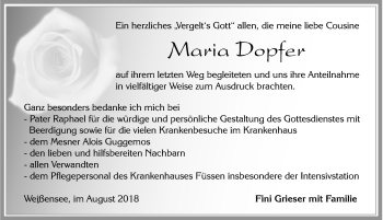 Traueranzeige von Maria Dopfer von Allgäuer Zeitung, Füssen