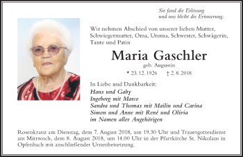 Traueranzeige von Maria Gaschler von Der Westallgäuer