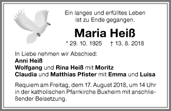 Traueranzeige von Maria Heiß von Memminger Zeitung
