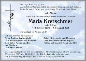 Traueranzeige von Maria Kretschmer von Allgäuer Anzeigeblatt