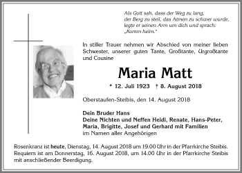 Traueranzeige von Maria Matt von Allgäuer Anzeigeblatt