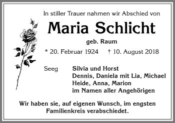 Traueranzeige von Maria Schlicht von Allgäuer Zeitung, Füssen