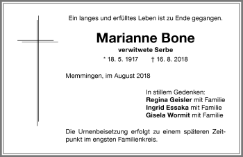 Traueranzeige von Marianne Bone von Memminger Zeitung