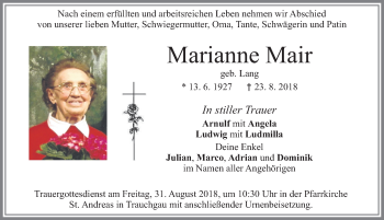 Traueranzeige von Marianne Mair von Allgäuer Zeitung, Füssen