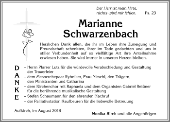 Traueranzeige von Marianne Schwarzenbach von Allgäuer Zeitung, Kaufbeuren/Buchloe