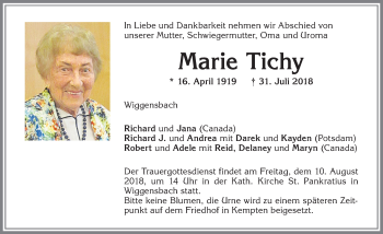 Traueranzeige von Marie Tichy von Allgäuer Zeitung,Kempten