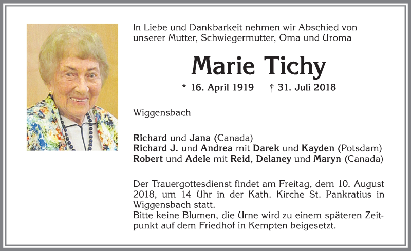  Traueranzeige für Marie Tichy vom 04.08.2018 aus Allgäuer Zeitung,Kempten